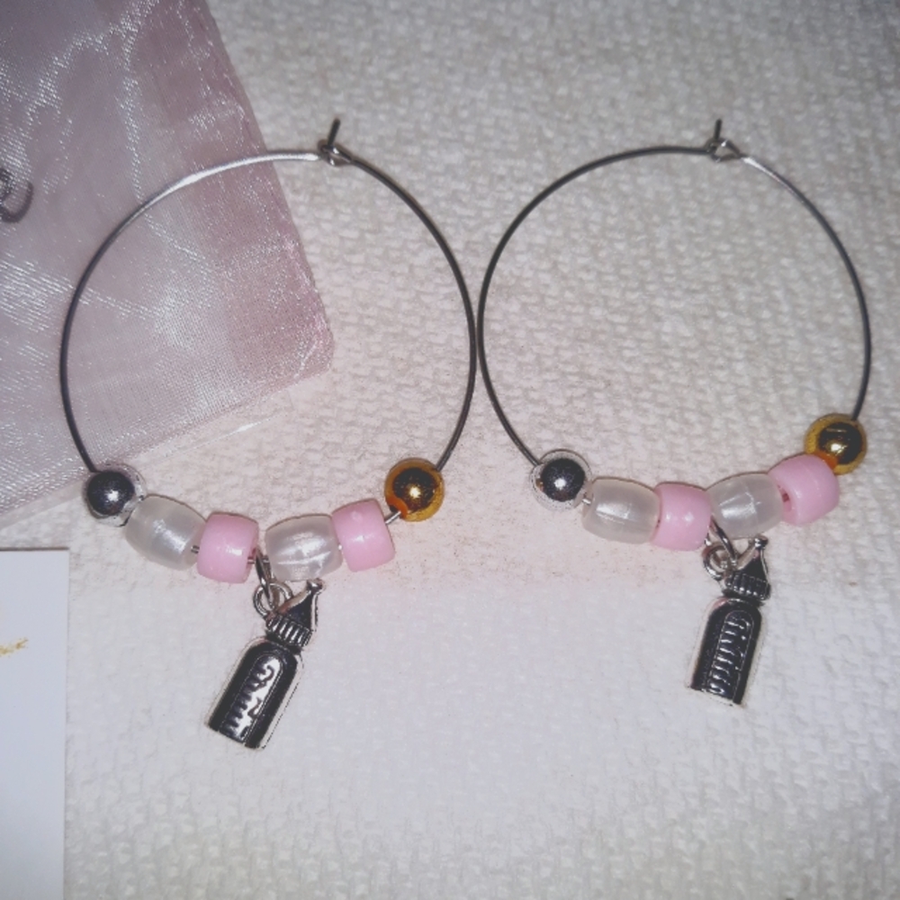 Baby Girl Hoop Earrings Pink White Gender Reveal Girl Baby Bottle Charm